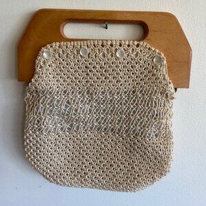 VINTAGE Bermuda Bag 4 Button Off White Crochet Cover Wooden Rectangluar Handles